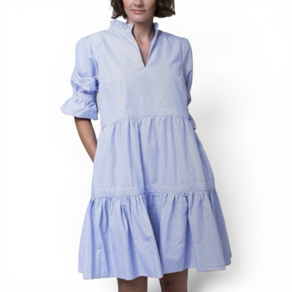 Gretchen Scott White Blue Striped Dress Pleated Tiered Ruffle Size M